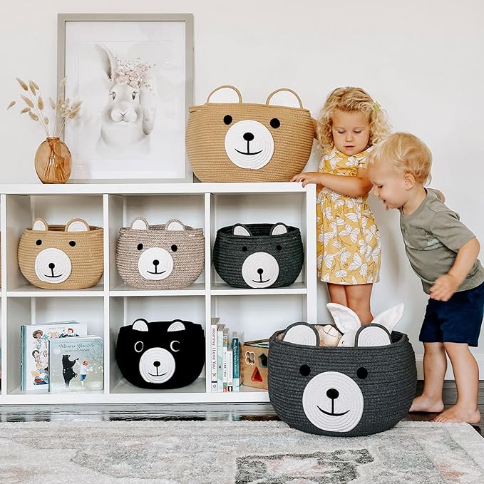 CherryNow Cotton Rope Baby Cute Storage Basket for Organizing, Toy Woven Rope Bear Basket for Kids, Empty Gift Baskets with Handles, Grey, 15.7" D x 10.5" H