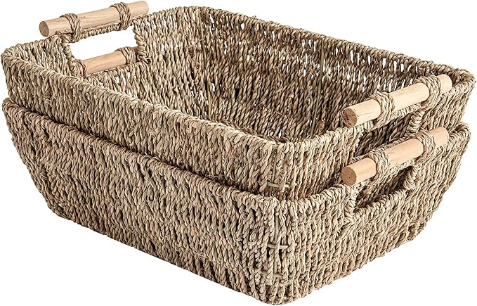 StorageWorks Hand-Woven Large Storage Baskets with Wooden Handles, Seagrass Wicker Baskets for Organizing, 2-Pack