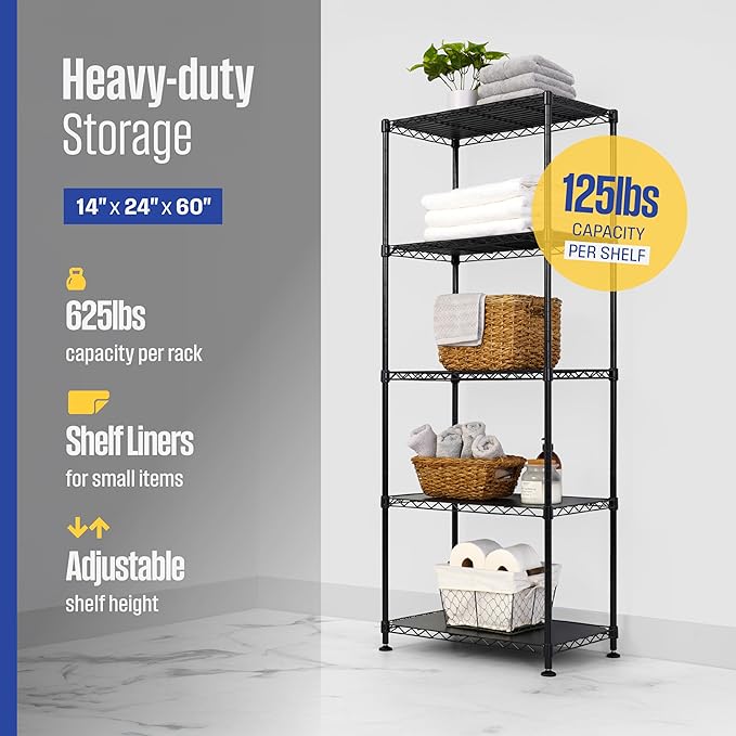 SafeRacks - NSF Certified Storage Shelves, Zinc, Heavy Duty Steel Wire Unit with Adjustable Feet, Garage or Bakers Rack, Kitchen, Pantry Shelf - (24"x14"x60" 5-Tier) (Black)