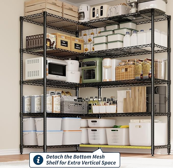 70" H 5-Tier Metal Storage Rack, Heavy Duty Wire Shelving Unit with Adjustable Shelves, 1325 Lbs Capacity for Kitchen, Pantry, Bedroom, or Corner Organization