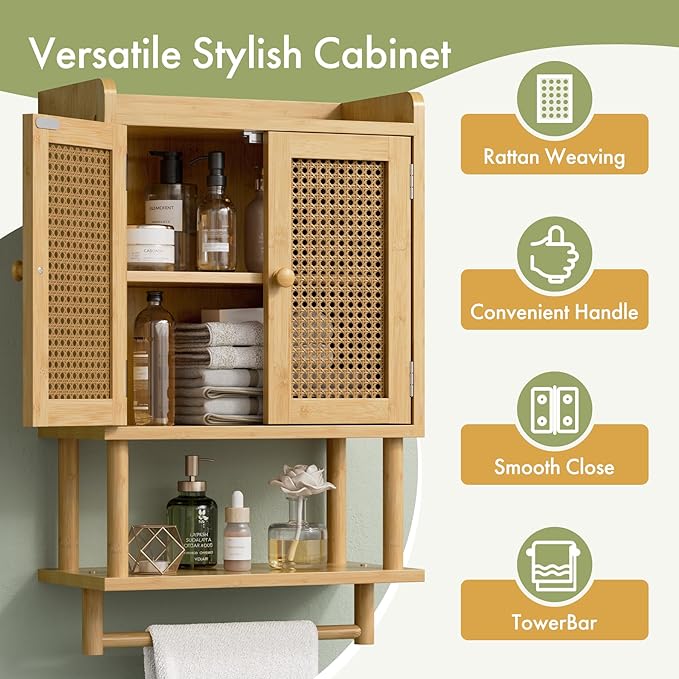 AmazerBath Bathroom Wall Cabinets, Bamboo Medicine Cabinet with Rattan Door, Over The Toilet Storage Cabinet with Towel Bar, Wall Mounted Cabinet with Adjustable Shelves for Small Spaces