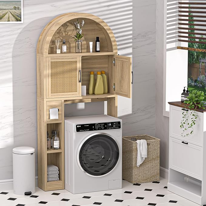 AHB Over The Toilet Storage Cabinet, Freestanding Bathroom Organizer with Adjustable Shelf and Anti-Tip Device, Arched Cabinet with Doors, Space-Saving Toilet Storage for Bathroom, Laundry, Mini Bar