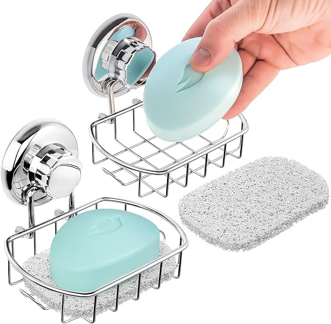 HASKO 2-Pack Suction Cup Soap Holder – Bar Soap Dish for Shower with Hooks for Bathroom – Optional Mounting with Adhesive Tape or Glue – Includes 2 Soap Savers – Polished Stainless Steel SS304