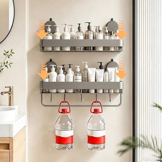 Stainless Steel Wall Mounted Bathroom Shelves with Removable Hooks and Tools