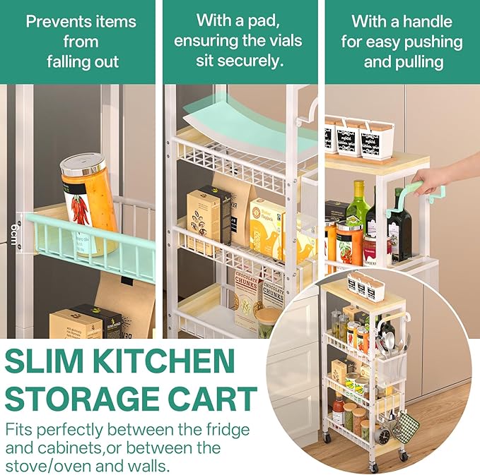 DTUQYX Slim Bathroom Storage Cart, 4 Tier Small Rolling Organizer Cabinet with Wood Top Handle, Mobile Shelving Unit Slide Out for Office, Kitchen, Laundry Room & Narrow Places (9.1" Overall Width)