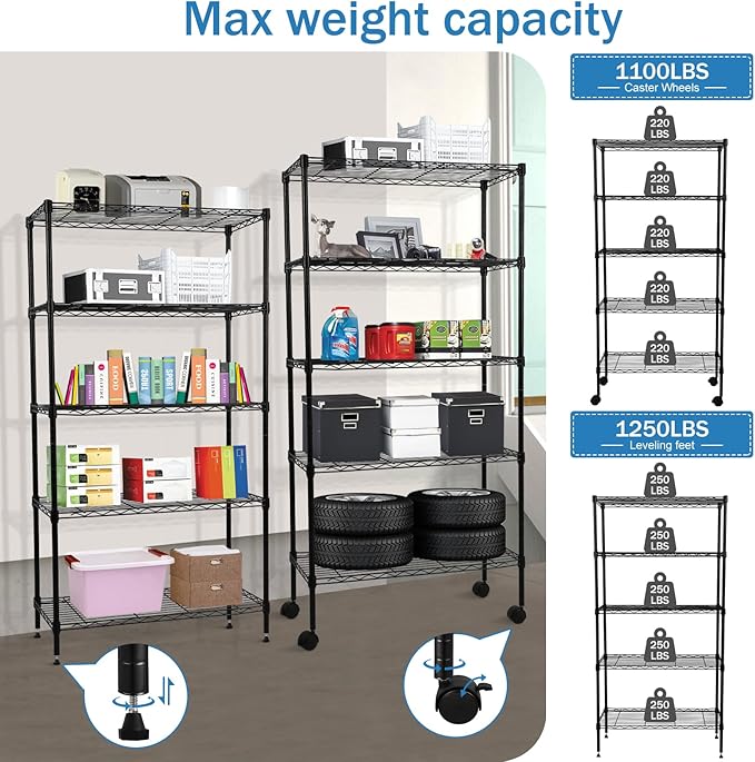 5-Tier Heavy Duty Storage Shelving Unit, Metal Shelves for Garage, Pantry, Kitchen Organization – Adjustable Wire Rack Shelf Organizer, 60"x30"x14", 1250lbs, Black