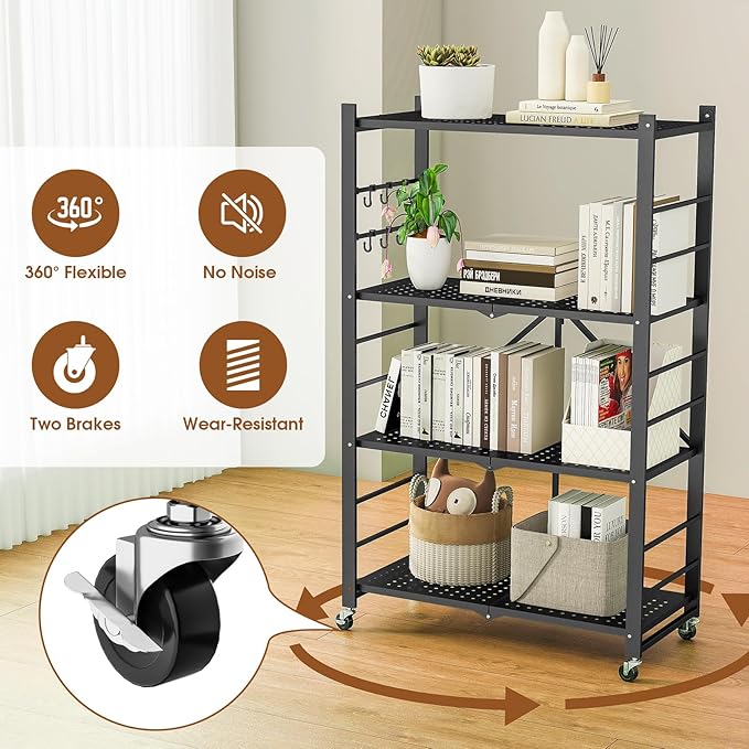5-Tier Folding Metal Storage Shelf with Wheels & Hooks, Heavy Duty Utility Rack, No-Assembly Collapsible Organizer for Kitchen, Garage, Office, Living Room – 750 lbs Capacity(Black, 5-Tier)