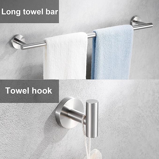 12 Pieces Brushed Nickel Bathroom Hardware Accessories Set Hand Towel Ring 16&23.6 inch Round Towel Bar Silver Toilet Paper Holder Towel Hooks 4 Pieces SUS 304 Stainless Steel,Heavy Duty,Wall Mounted