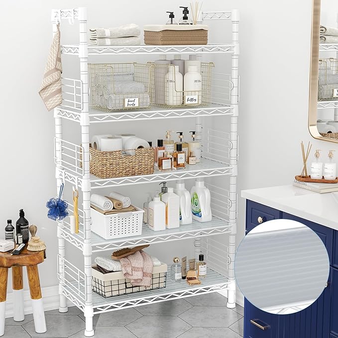 FUTASSI Large Metal Storage Rack, Storage Organizer Shelves for Kitchen, Bathroom, Living Room, Balcony and Garage, 5 Tiers Narrow Bookshelf, 29.5" W x 9.4" D x 59.2" H, Load 480lbs, White
