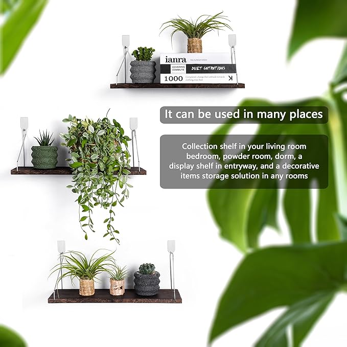 Floating Shelves Set of 3 Rustic Solid Wood Floating Shelf Wall Storage Shelves for Living Room, Bedroom, Bathroom, Kitchen Laundry, Office.no Drill Shelf(Retro Color L+L+L)