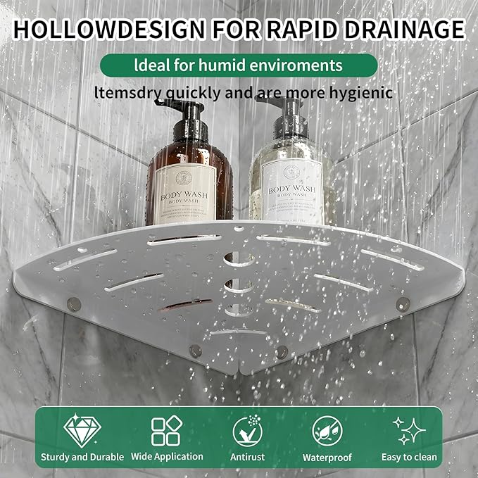 2 Pack Corner Shower Shelves, 304 Stainless Steel Corner Shelf Bathroom with 6 Hooks 40 lbs Heavy Duty, Durable for Inside Shower Brushed Nickel Drilling Installation（White