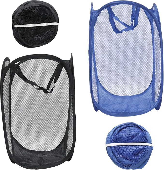 2Pcs Small Laundry Hampers, Folding Popup Mesh Laundry Basket, Collapsible Dirty Clothes Hamper, Portable Mesh Popup Hamper, Ideal for Bedroom, Travel and Home Use (Black & Dark Blue)