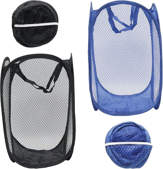 2Pcs Small Laundry Hampers, Folding Popup Mesh Laundry Basket, Collapsible Dirty Clothes Hamper, Portable Mesh Popup Hamper, Ideal for Bedroom, Travel and Home Use (Black & Dark Blue)