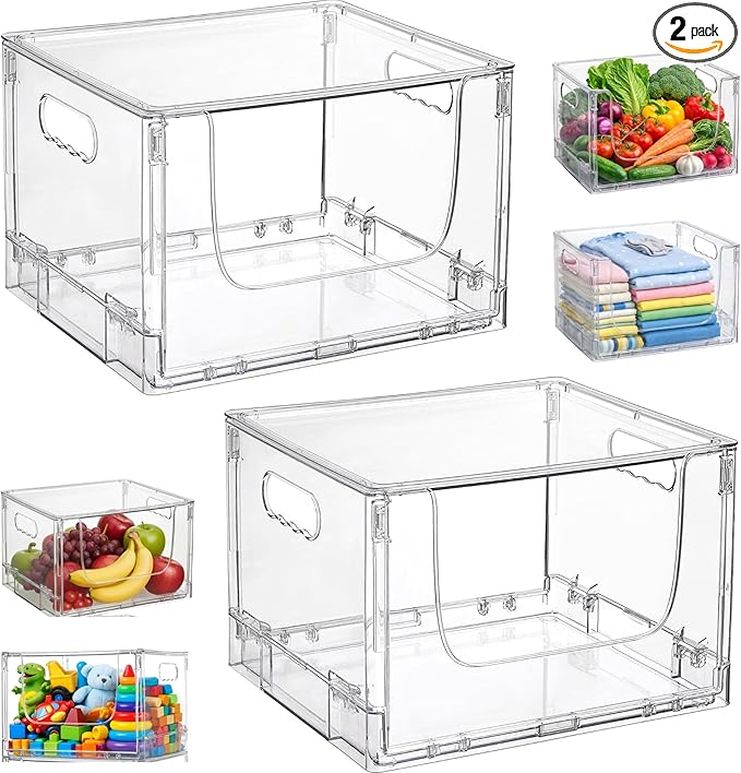 ANUMITRA 2 Pack Large Foldable Open Front Storage Bins with Lids, Stackable Clear Plastic Container Organizer for Pantry, Kitchen, Cabinet, Bathroom, Closet Organizers and Storage