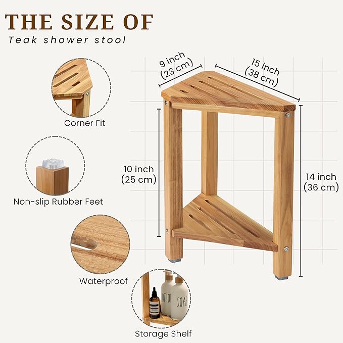 Teak Corner Shower Stool 15in, Wood Shower Bench Seat with Storage Shelf, Waterproof Shower Foot Stool for Shaving Legs, Ideal for Inside Shower or Bathroom