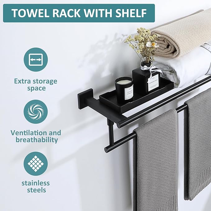 Alise 16 Inch Towel Racks for Bathroom, Towel Rack Wall Mounted with Tower Bars, SUS 304 Stainless Steel Bathroom Shelf, Heavy Duty Hand Towel Holder (Matte Black)