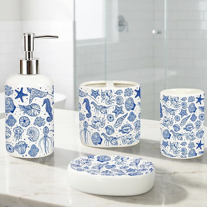 JarThenaAMCS 4Pcs Blue Ocean Bathroom Accessories Seashell Starfish Coral Ceramic Liquid Dispenser Toothbrush Holder Tumbler Soap Dish for Summer Beach Home Party Favors Supplies