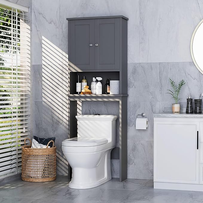 Over the Toilet Storage Cabinet, Bathroom Storage Cabinet Over Toilet with 2 Wood Doors, Freestanding Space Saver, Adjustable Shelf & Open Shelf, Grey