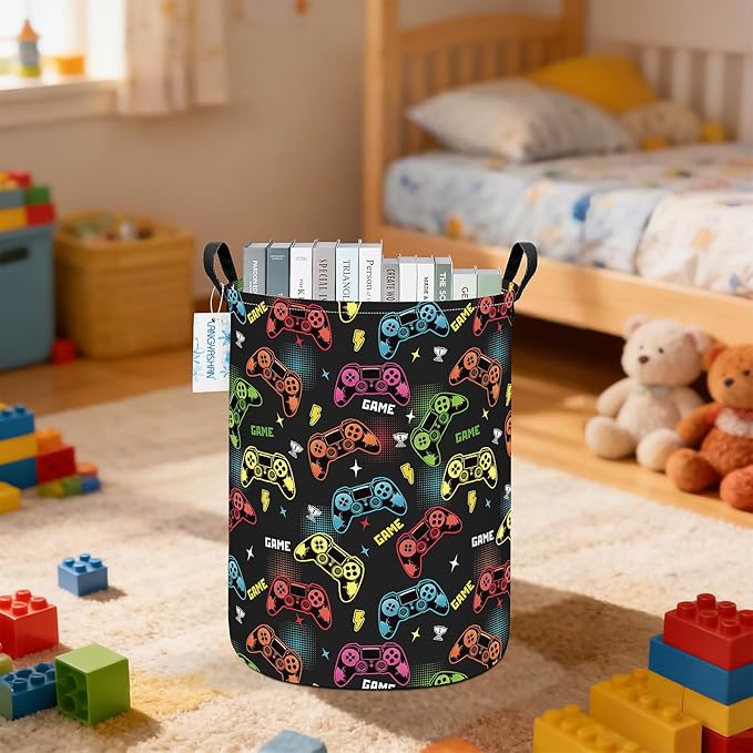 Laundry Basket Canvas Fabric Collapsible Organizer Basket for Storage Bin Toy Bins Gift Baskets Bedroom Clothes Children Nursery Hamper (Game)