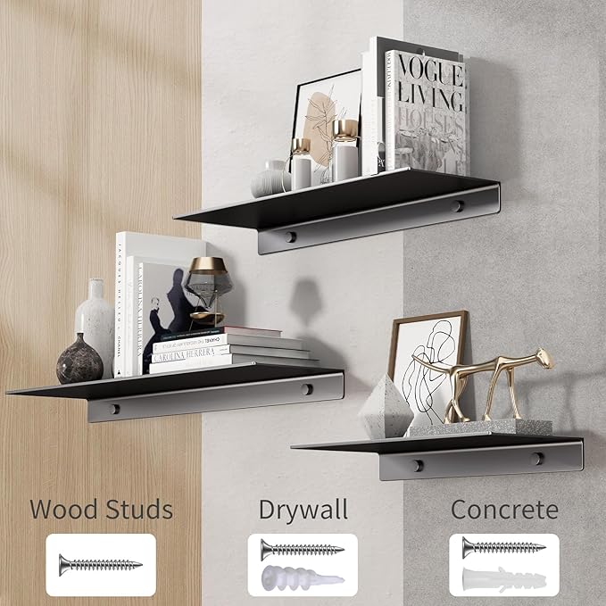 Danpoo 16 inch Metal Floating Shelves for Wall Organizer & Storage, Display Shelves for Bathroom, Living Room, Kitchen, Bedroom(Matte Black, 2-Pack)