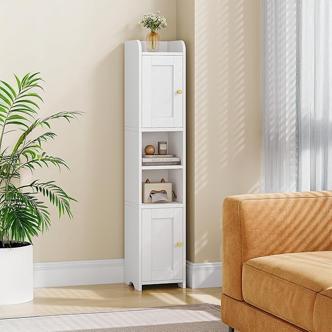 HEXCELEN Slim Bathroom Storage Cabinet, Narrow Cabinet with 2 Doors, Small Bathroom Organizers and Storage, Laundry Room Organization for Small Space, Kitchen, Living Room, White 022413X