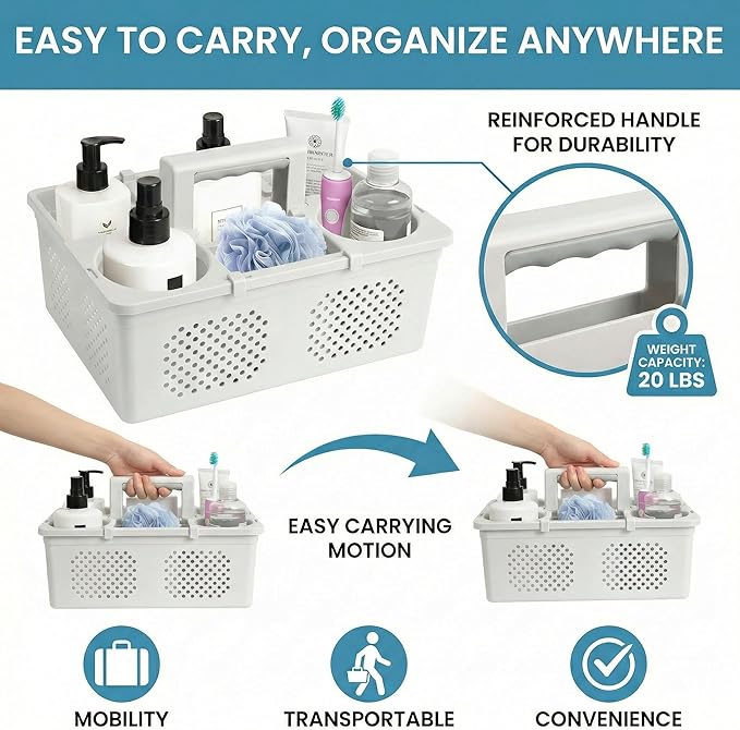 KMV Dorm Room Portable Shower Caddy with Adjustable Compartments - Ventilated Drainage Design with Handles, Perfect Toiletries Organizer for College Dorms-gray