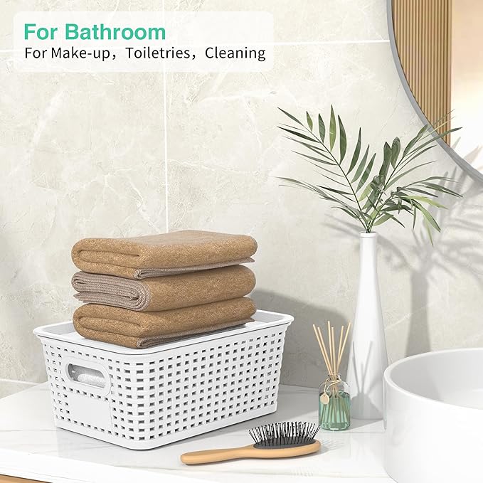 8-Pack White Plastic Storage Baskets with Lids, Label Organizers, Stackable Organizer Containers: For Organizing Shelves, Drawers, Desk Closets, Playrooms, Classrooms, Offices