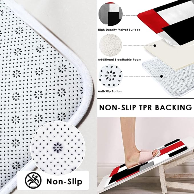 Red Geometric Shower Curtain Set with Toilet Lid Cover and Non-Slip Rugs for Bathroom, Black White Grey Checkered 4 Pcs Shower Curtain, Modern Abstract Bathroom Set with 12 Hooks