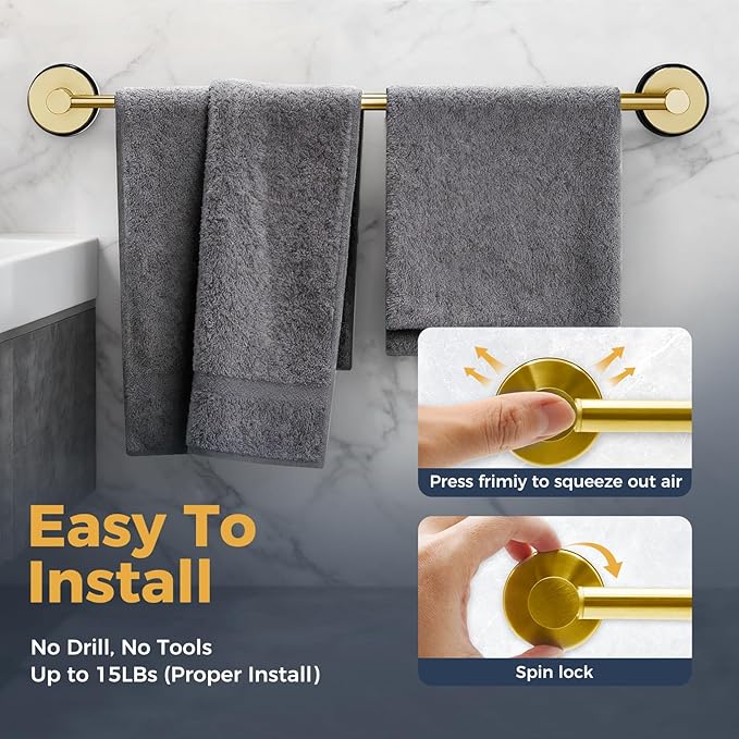 14.6inch~24inch Towel Racks for Bathroom,Adjustable Suction Cup Towel Bar for Bathroom Wall,Stainless Steel Bath Towel Holder for Shower,2 Pack(Brushed Gold)