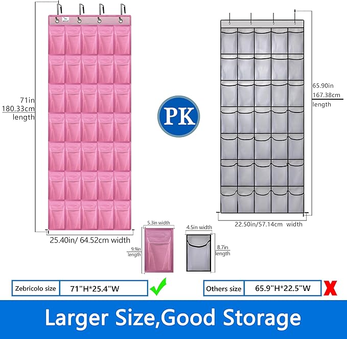Over the Door Shoe Organizer, 2025 Upgrade 35 Large Pockets for Shoe Storage, Hanging Shoe Holder with Metal Hook, Clear Shoe Rack for Closet Bathroom Door Space Saving - Pink