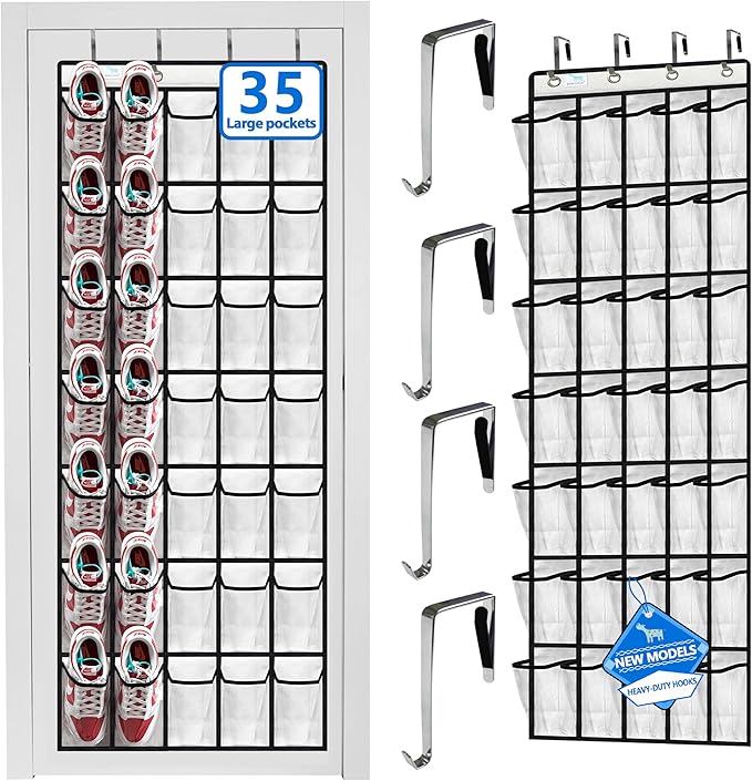 Over the Door Shoe Organizer, 2025 Upgrade 35 Large Pockets for Shoe Storage, Hanging Shoe Holder with Metal Hook, Clear Shoe Rack for Closet Bathroom Door Space Saving - White