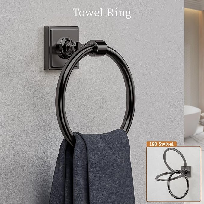 Matte Black Bathroom Towel Bar Set, 5 Piece Bathroom Hardware Accessory Set, SUS304 Stainless Steel 24" Towel Rack Holder Set for Bathroom, Wall Mounted