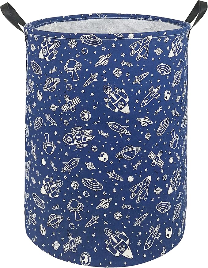 Kids Laundry Hamper Clothes Gift Basket Storage Laundry Baskets Organizer Bin with Handles for Nursery Room (Navy Spaceship)