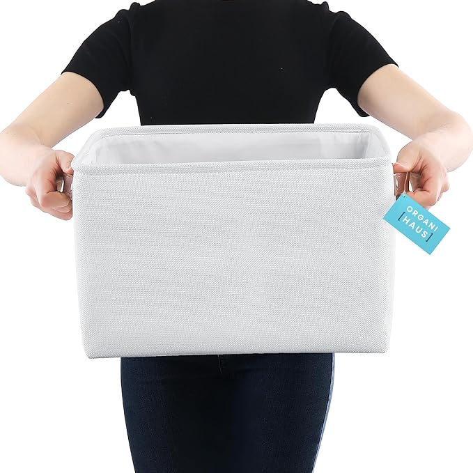 OrganiHaus 15x11in Canvas Storage Baskets 3 Pack | LARGE Fabric Bins for Shelves | Closet & Bedroom Storage | Full Off-White