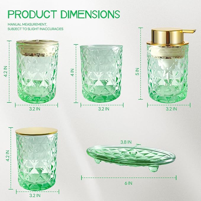 5PCS Bathroom Accessory Set,Green Bathroom Countertop Organizer Set with Soap Dispenser, Toothbrush Holder, Tumbler, Q-tip Holder & Soap Dish,Elegant Functional Glass Set, Gift for Home & Apartment