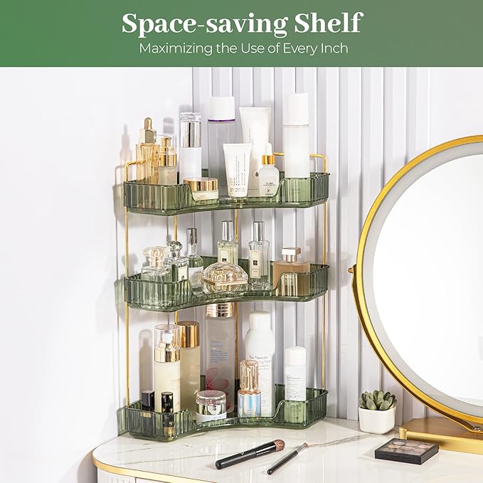 Aveniee Corner Bathroom Counter Organizer, 3 Tier Makeup Perfume Storage for Vanity, Countertop SkinCare Stand Shelf Holder for Women (Green)