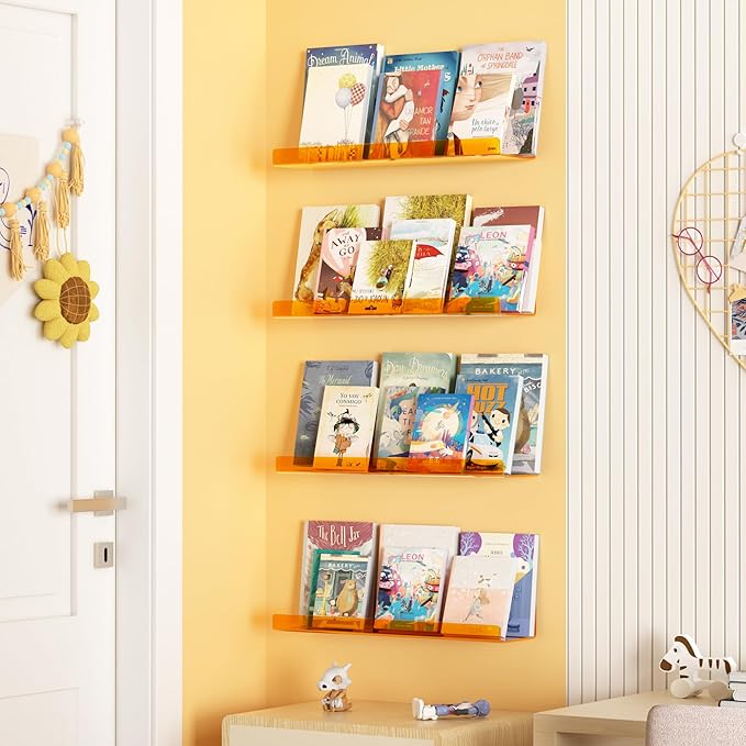 upsimples Acrylic Shelves for Wall Decor, 15" Display Shelf Perfume Organizer for Bathroom, Bedroom, Living Room, Floating Bookshelves for Kids, Clear Orange, 4 Pack