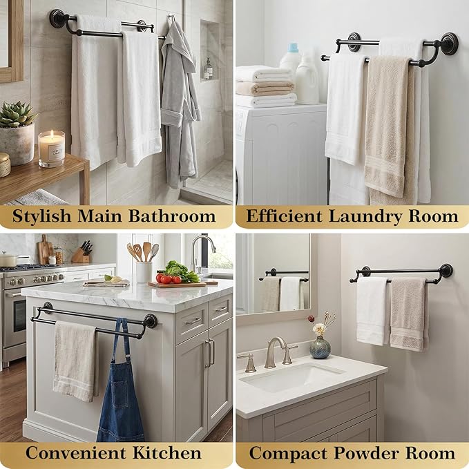 Double Towel Bar, Antique Brass Towel Racks for Bathroom Wall Mount, Adjustable Vintage Black Towel Bar 13.4"-24.8" Usable Bar Length, Heavy Duty Rustproof Bathroom Towel Rod Holder for Kitchen