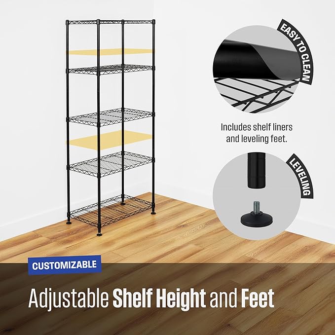 SafeRacks - NSF Certified Storage Shelves, Zinc, Heavy Duty Steel Wire Unit with Adjustable Feet, Garage or Bakers Rack, Kitchen, Pantry Shelf - (24"x14"x60" 5-Tier) (Black)