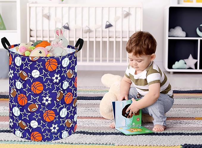Kids Laundry Hamper Storage Basket Laundry Organizer Hamper Storage Bins Clothes Box Nursery Hamper Gift Basket with Handles (Star basketball)