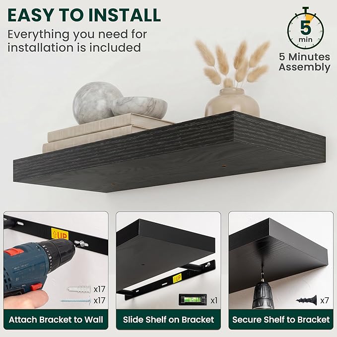 Floating Shelves for Wall 55 in x 9.3 in Deep, Wall Mounted Rustic Wood Shelf with Invisible Brackets for Storage & Display, Living Room Bedroom Bathroom, Black, 1 Pack