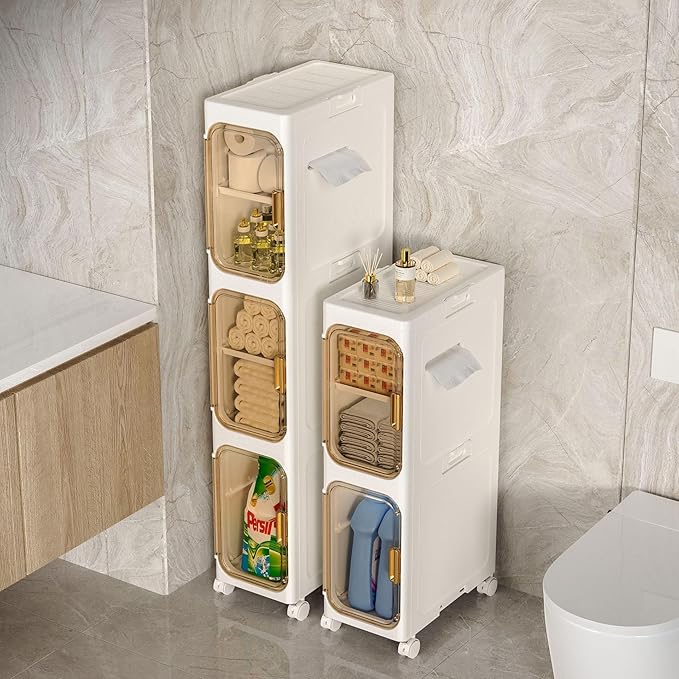 Slim Bathroom Storage Cabinet, Foldable & Movable Narrow Storage Organizer for Small Spaces, Bathroom, Kitchen, Laundry Room, Living Room (4-Tier)