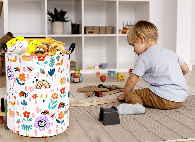 Round Ladybug Pattern Laundry Hamper Storage Basket Fabric Material Storage Hamper Organization Basket, Storage Bin, Gift Box with Handles for Room