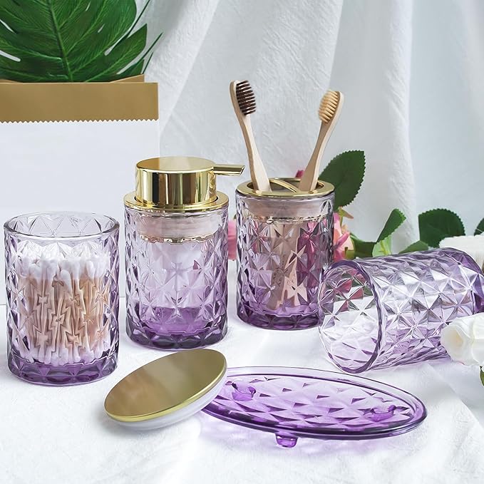 5PCS Bathroom Accessory Set,Purple Bathroom Countertop Organizer Set with Soap Dispenser, Toothbrush Holder, Tumbler, Q-tip Holder & Soap Dish,Elegant Functional Glass Set, Gift for Home & Apartment