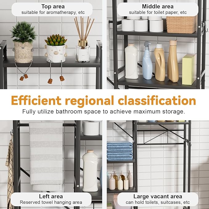 1 Set Over The Toilet Storage, 3-Tier Bathroom Laundry Storage Rack Space-Saving Organizer Household Supplies (Black-M)