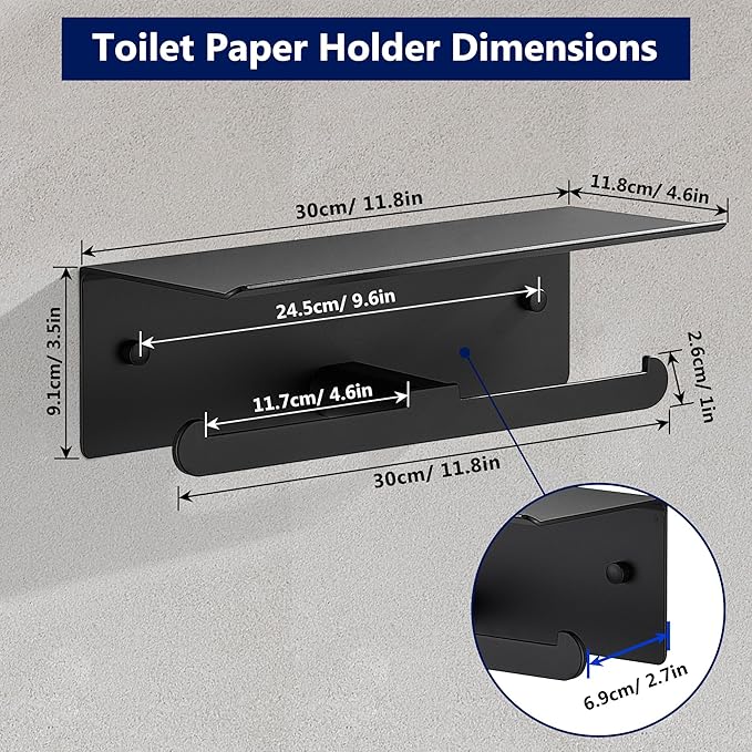 Toilet Paper Holder with Shelf, Adhesive Double Tissue Roll Holder Wall Mounted for Bathroom, Black