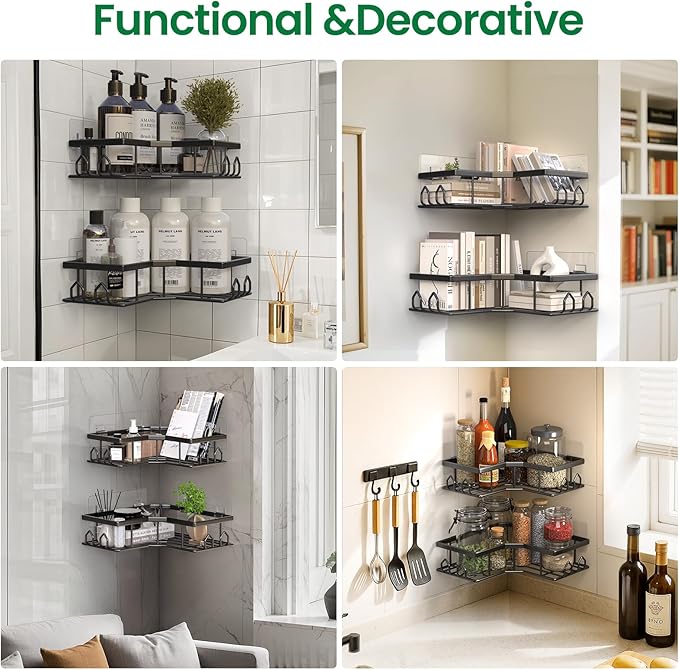 Adhesive Shower Caddy, 6 Pack Corner Bath Organizer, Rustproof Stainless Steel Shower Shelves with Large Capacity, No Drilling Shelves for Bathroom Storage, Home, Kitchen Decor