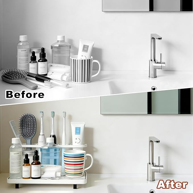 Diatomite Toothbrush Holders for Bathrooms, 5 Slots Electric Toothbrush Organizer with Instant Drying Stone, Toothpaste Holder and Storage for Countertop, Bathroom Counter Organizer White