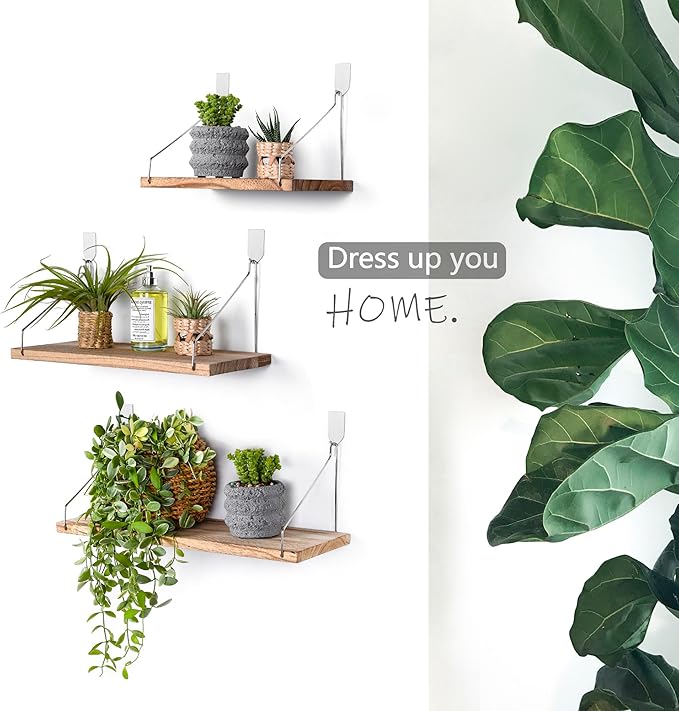 Floating Shelves Set of 3 Rustic Solid Wood Floating Shelf Wall Storage Shelves for Living Room, Bedroom, Bathroom, Kitchen Laundry, Office,no Drill Shelf (Light Color L+M+S)