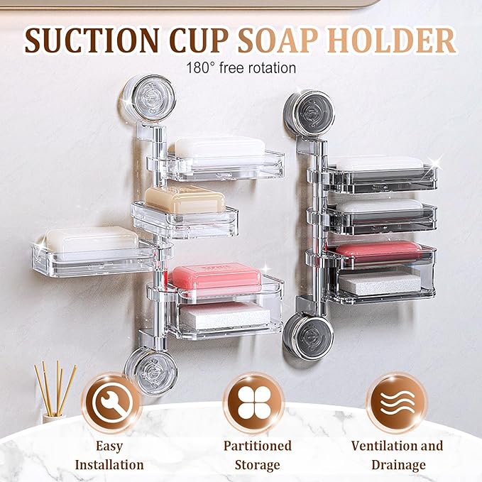 LECDOA Corrugated Suction Cup Storage Holder, 2025 New Movable Shower Shelf Suction Cup, No-Drill Wall-Mounted Storage Shelf, Luxury-Style Glacier Pattern (White-Three layers)